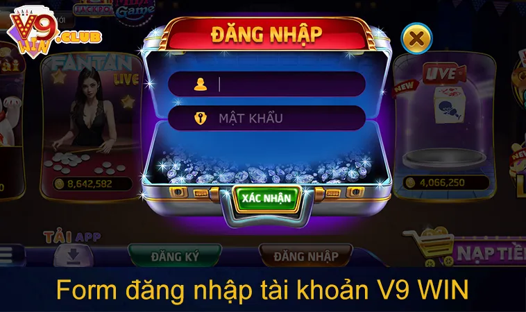 Form đăng nhập tài khoản V9 WIN gồm tên và mật khẩu