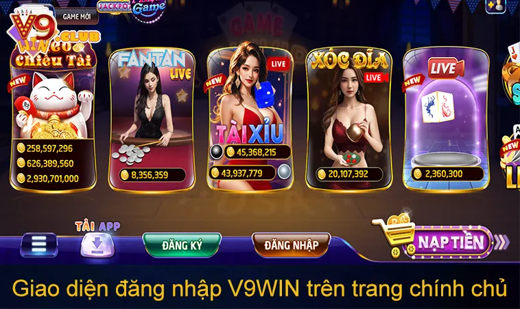 Giao diện đăng nhập V9WIN trên trang chính chủ