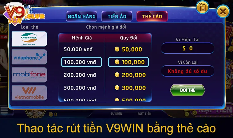 Rút Tiền V9WIN 113 Thao tác rút tiền V9WIN bằng thẻ cào